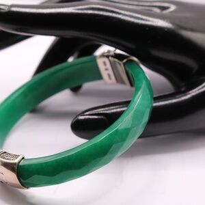 Chinese Sterling Silver Natural Green Jade Hinged Bangle  Bracelet